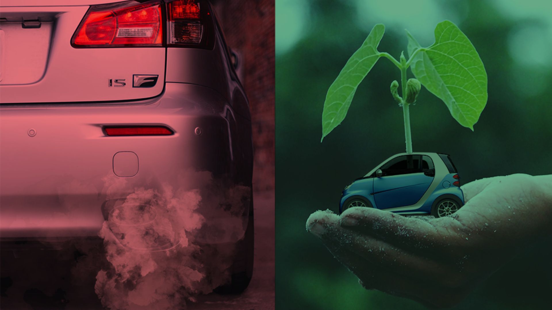 vehicle polluting the environment (left), vehicle under a tree concept (right)